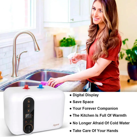 Woman using Compact Instant Electric Hot Water Heater For Kitchen And RV Use, 1.5kW 110V 120V, under sink with digital display.