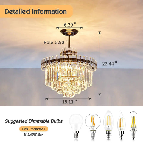 Lit 7 Light Black Crystal Chandelier Modern Semi Flush Mount Ceiling Light For Living Room Dining Room Kitchen Bedroom Foyer 18.11 Inch Diameter 22.44 Inch Height E12 Bulbs Not Included Dimmable With Dimmer showing dimensions and bulb types.