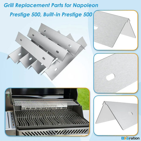 Level Up Your Weekend Cookout With This Knockout Stainless Steel Grill Replacement Kit Featuring Fit Like A Glove Cooking Grids Heavy Duty Heat Plates And Rugged Burners For Prestige Models showing stainless steel heat plates for the Napoleon Prestige 500.