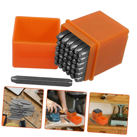 Dope 37 Piece Metal Stamping Kit With Letter Numbers Heart Punches in orange case for wood plastic crafting and DIY projects