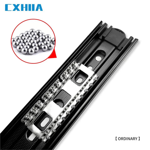 Close-up of Full Extension Drawer Slides Side Mount 10 To 24 Inch Ball Bearing Metal Black Rails Track Guide with steel balls