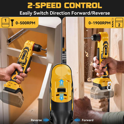 Cordless Right Angle Drill With Brushless Motor Compatible With Dewalt 20V Battery Delivering 400 Inch Pounds Torque Bright LED light showing 2-speed control options for versatile use.