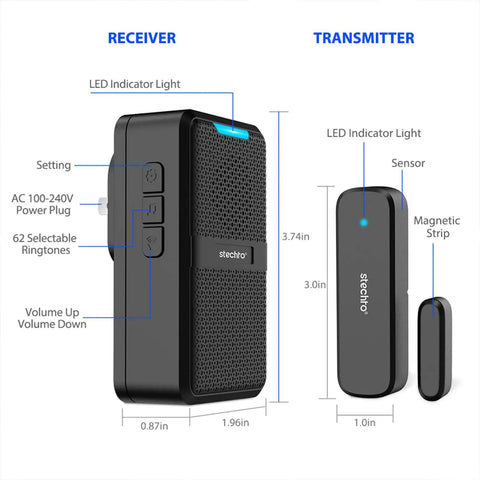 Wireless Door Chime Kit With 600 Ft Range 5 Adjustable Volume Levels Magnetic Door Open Sensor 62 Chimes Plus Mute Mode