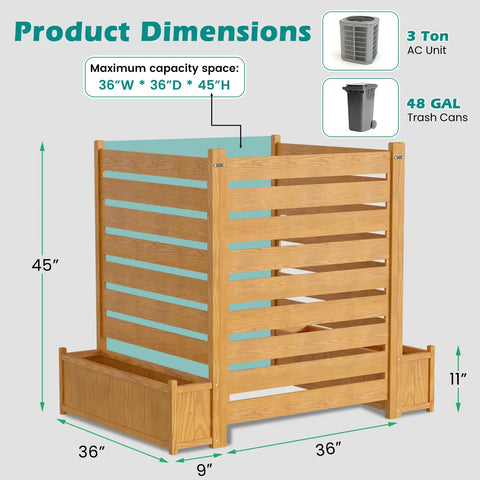 Freestanding Outdoor Privacy Screen Panel with Planter Box for AC Units and Trash Cans, 36x45 inches, wood fence dimensions shown.