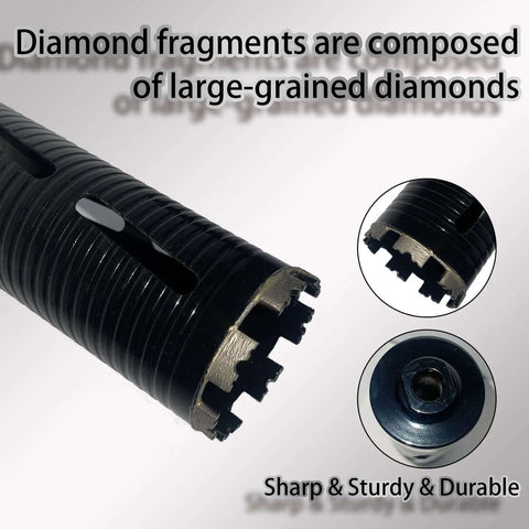 Core drill bit, 2 in diameter, 10 in depth, laser-welded diamond for concrete with rebar; two 5/8-11 adapters