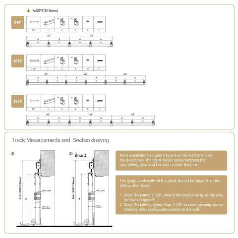 Diagram showing track measurements and section drawings for Heavy Duty 10 Foot Galvanized Outdoor Sliding Barn Door Hardware Kit With 450 Lb Capacity Exterior Track System Built For Weatherproof Outdoor Use Fits One Door Up To 60 Inches Wide Built Tough For Any Weather.