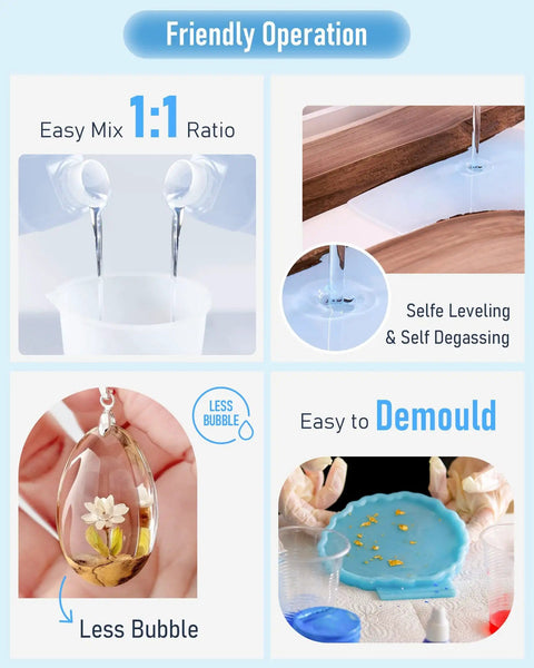 Image showing usage of 8 Ounce Crystal Clear Epoxy Resin Kit For DIY Art And Craft Food Safe All-In-One Starter Set For Canvas Painting Molds Jewelry Making And Resin Coating And Casting, including mixing, pouring, and demolding.