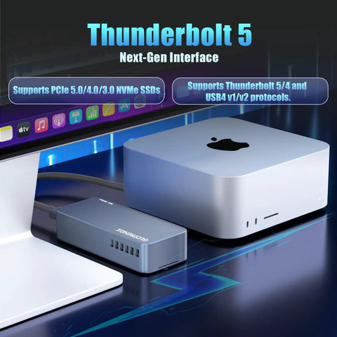 Badass 80Gbps M2 NVMe SSD Enclosure With Intel JHL9480 B2 Controller and Thunderbolt 5 connection next to a Mac Mini.