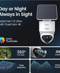 Image of 4K True Color Outdoor Security Camera With Solar Power Wireless WiFi AI Triple Detection 360 Degree Auto Tracking Night Vision Weatherproof Home Surveillance showing full view and person tracking features.
