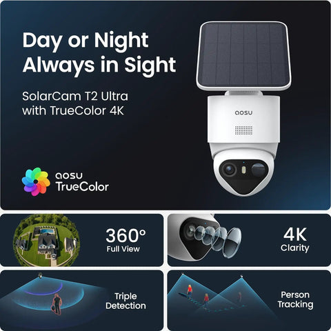 Image of 4K True Color Outdoor Security Camera With Solar Power Wireless WiFi AI Triple Detection 360 Degree Auto Tracking Night Vision Weatherproof Home Surveillance showing full view and person tracking features.