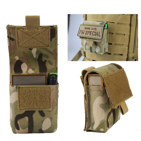 Outdoor Utility Gear Bag Pouch with Cigarette Holder Case and Belt Clip in camouflage for hiking and camping gear storage.