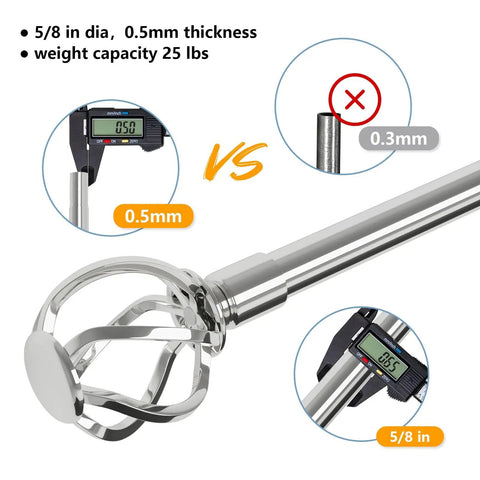 Chrome Curtain Rod With Decorative Cage Finials Built Tough Heavy Duty Adjustable Splice Rod For Windows Patio And Sliding Glass Doors Extends From Sixty-Six To One Hundred Twenty Inches Five Eighths Inch Diameter showcasing thickness measurement at 0.5mm and weight capacity.