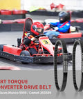 Image showing a kid driving a go-kart with two Three Pack Go Kart Drive Belt For 30 Series Torque Converter Replacement 5959 203589 belts displayed.