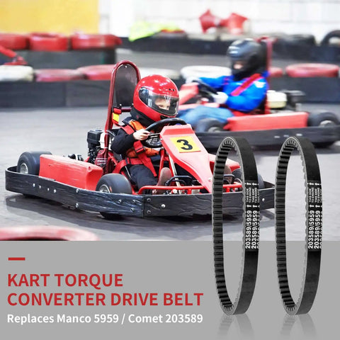 Image showing a kid driving a go-kart with two Three Pack Go Kart Drive Belt For 30 Series Torque Converter Replacement 5959 203589 belts displayed.