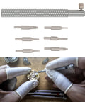 Watch Crown Remover Tool with 6 Replacement Heads, Alloy Steel, used for precision wristwatch repair, displayed on a table.