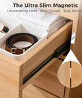 Ultra Thin Magnetic Cabinet Door Catch Kit 10 Pack No Drilling Strong Adhesive Drawer Magnets So Doors Stay Closed Stainless Steel Cabinet Latch Keeps Doors Closed From Pets And Kids, installed on a wooden drawer.