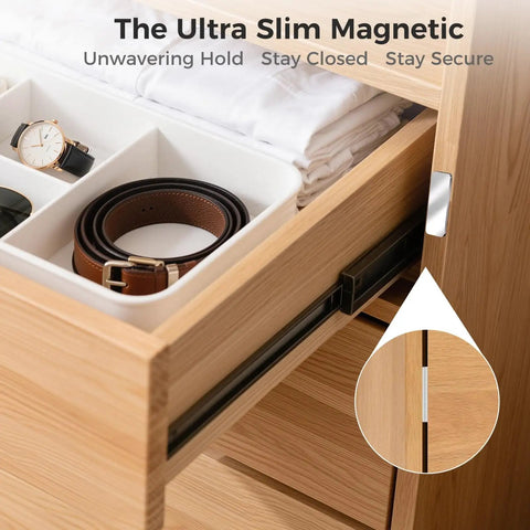 Ultra Thin Magnetic Cabinet Door Catch Kit 10 Pack No Drilling Strong Adhesive Drawer Magnets So Doors Stay Closed Stainless Steel Cabinet Latch Keeps Doors Closed From Pets And Kids, installed on a wooden drawer.