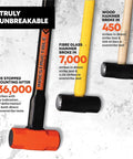 Comparison of sledge hammer durability, showing the 8 lb sledge hammer with indestructible steel bar handle, surrounded by broken fiberglass and wood hammers.