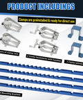 Product includes 2 pairs of heavy duty clamps, rails, headstocks, tailstocks, and four mounting brackets for woodworking.