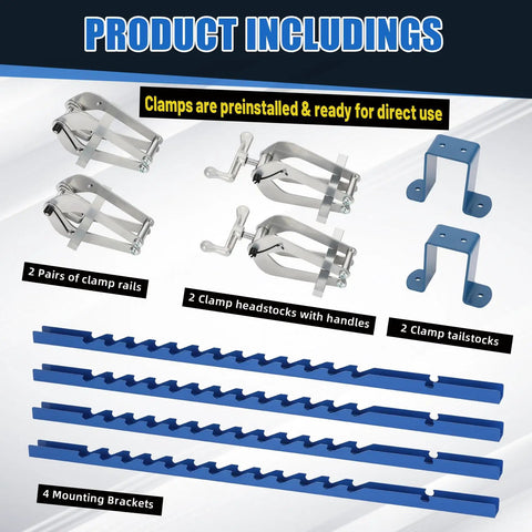 Product includes 2 pairs of heavy duty clamps, rails, headstocks, tailstocks, and four mounting brackets for woodworking.