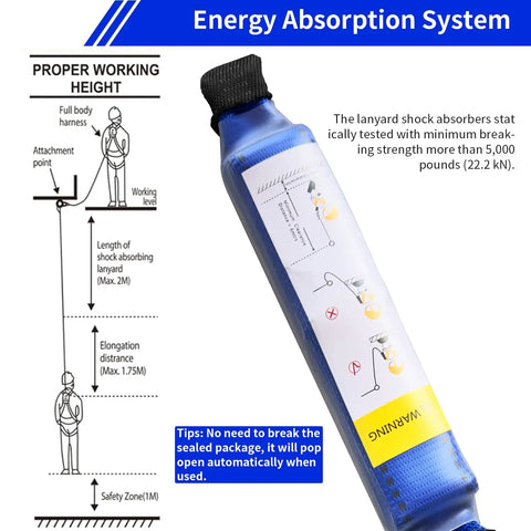 Diagram of 6ft Internal Shock Absorbing Lanyard With Double Snap Hook Connectors For Fall Protection Equipment, packaging included.
