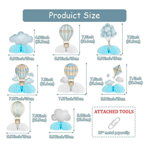 Blue Hot Air Balloon Honeycomb Centerpieces For Tables With Clouds Travel Adventure Theme 8 Piece Set Kid Approved, size chart