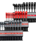 Cool Star Shaped T Handle Hex Key Tool Set For Metric And Imperial Sizes Perfect For Vehicle Maintenance Or DIY House Repairs With Strong Grip To Loosen Tight Fasteners Easily Without Breaking A Sweat. 10-piece T-handle hex key set in red, black, and gray holders