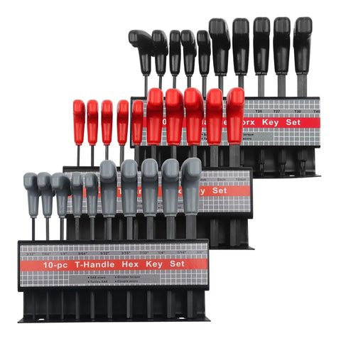 Cool Star Shaped T Handle Hex Key Tool Set For Metric And Imperial Sizes Perfect For Vehicle Maintenance Or DIY House Repairs With Strong Grip To Loosen Tight Fasteners Easily Without Breaking A Sweat. 10-piece T-handle hex key set in red, black, and gray holders