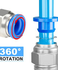 Half Inch OD Compressed Air Piping System And Shop Air Line Kit With 100 Feet TPEE Tubing And Three Eighths Inch ID, close-up of push-connect fitting with 360-degree rotation feature.