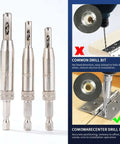3-piece self-centering hinge-tapper drill bit set with 1/4" hex shanks, HSS for hinge and lock openings (front view)
