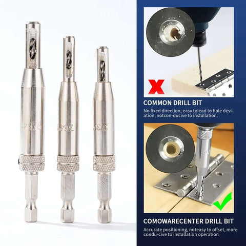 3-piece self-centering hinge-tapper drill bit set with 1/4" hex shanks, HSS for hinge and lock openings (front view)