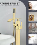 Gold Polished Floor Mounted Tub Filler Faucet With Handheld Sprayer, freestanding bath tap, waterfall spout in action