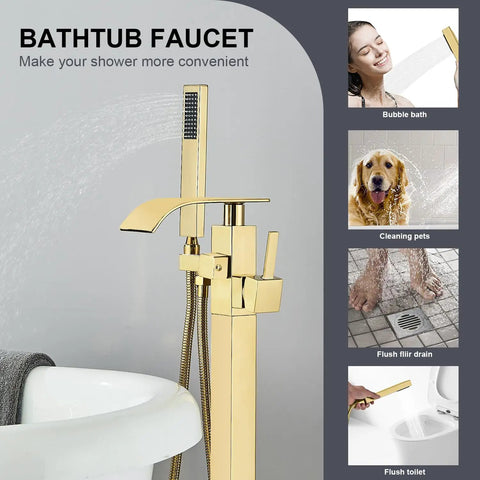 Gold Polished Floor Mounted Tub Filler Faucet With Handheld Sprayer, freestanding bath tap, waterfall spout in action
