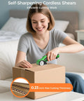Person using Cordless Cardboard Cutter With Rechargeable 4V Motor Electric Box Cutter Includes 2 Blades Safety Lock And LED Light