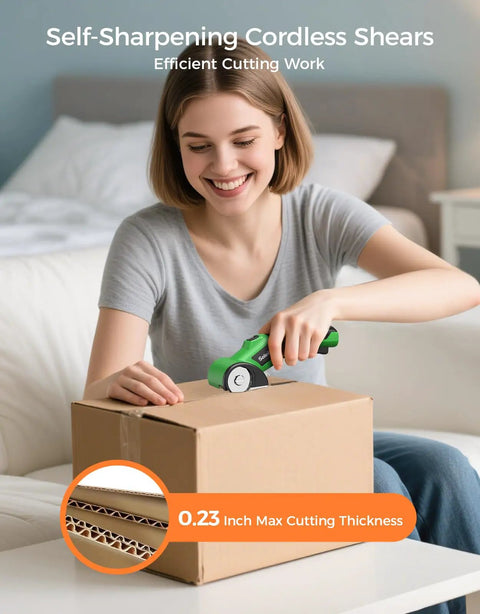 Person using Cordless Cardboard Cutter With Rechargeable 4V Motor Electric Box Cutter Includes 2 Blades Safety Lock And LED Light