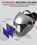 Exploded view of Auto Darkening Welding Helmet with True Color View showing components like lens assembly and headset mounts.