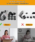 Comparison of Black 8 Light Farmhouse Chandelier With Easy Installation and a competing product, showing assembly ease.