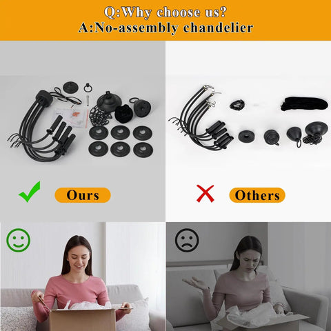 Comparison of Black 8 Light Farmhouse Chandelier With Easy Installation and a competing product, showing assembly ease.