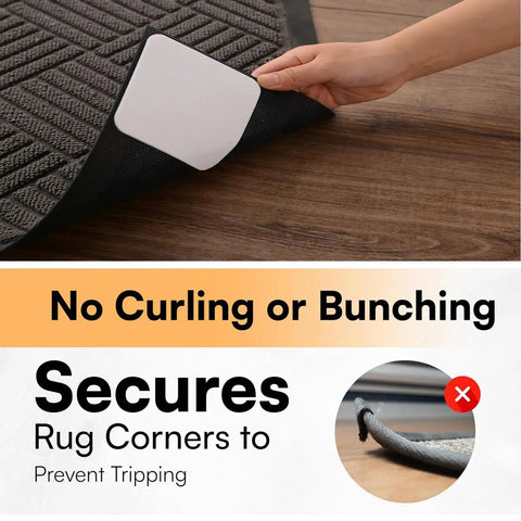 Applying Eight Pack Rug Tape Pads Non Slip Rug Pad Gripper Anti Skid Stickers to corner of area rug on wooden floor
