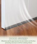 Heavy Duty Door Sweep Brush Shuts Out Sneaky Drafts And Dust Invaders Quick With Peel And Stick Adhesive Backing and black bristles sealing door gap.