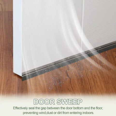 Heavy Duty Door Sweep Brush Shuts Out Sneaky Drafts And Dust Invaders Quick With Peel And Stick Adhesive Backing and black bristles sealing door gap.