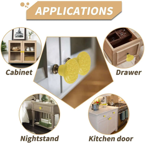 These Dang Charming Vintage Ceramic Cabinet Knobs Show Off A Sweet Embossed Floral Motif, 10 Pack Of Buttercup Yellow Drawer Handles for cabinets and drawers.
