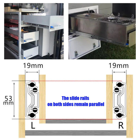 Beefy Drawer Slides With Lock And Soft Close Full Extension Ball Bearing Detachable Sides For Cabinets And Tool Chests Fits 300mm 500mm Or 950mm Length 1 Pair; image showing drawer applications, side view diagram.