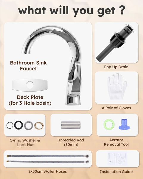 Single Handle Chrome Bathroom Faucet With Pop Up Drain 1 Hole High Arc Basin Sink Tap Solid Brass Commercial Vanity Faucet Sleek Dope Patented Design For Modern Bathrooms, installation components and tools displayed