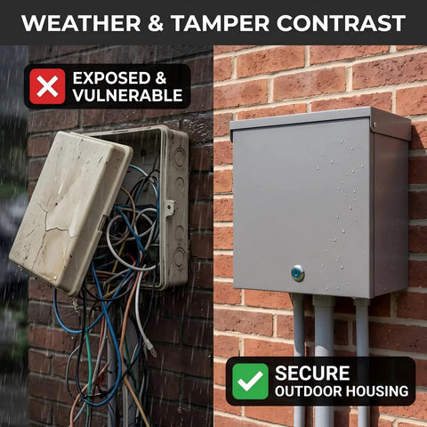 Weather contrast showing built tough heavy duty galvanized steel electrical junction box Nema 3r outdoor enclosure with keyed lock.