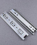 Two Pack Heavy Duty Steel Ball Bearing Drawer Slides With Buttery Smooth Gliding Action built for kitchen cabinets on gray background.