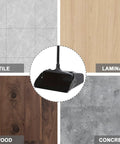 Heavy Duty Upright Standing Dustpan Built Different Tight Pivoting Base on various flooring types, including tile and laminate.