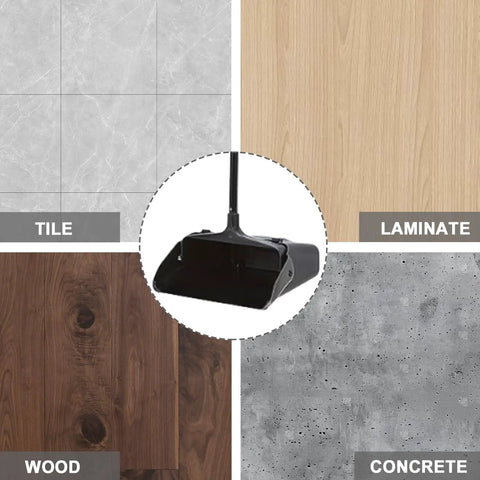 Heavy Duty Upright Standing Dustpan Built Different Tight Pivoting Base on various flooring types, including tile and laminate.