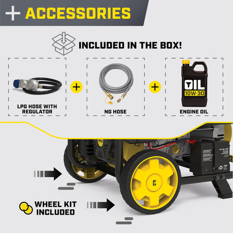 Tri Fuel Portable Generator With Electric Start And CO Shield, Runs On Gas Propane Or Natural Gas, Includes Hoses, 8125 Watt accessories