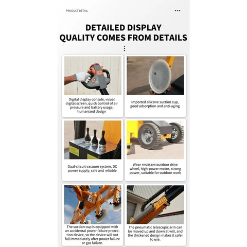 Heavy Duty Vacuum Glass Lifter Mounted On A Rugged Mobile Cart With Top Shelf Suction Cups For No Sweat Panel Hauling And Hassle Free Commercial Installations detailed features display.